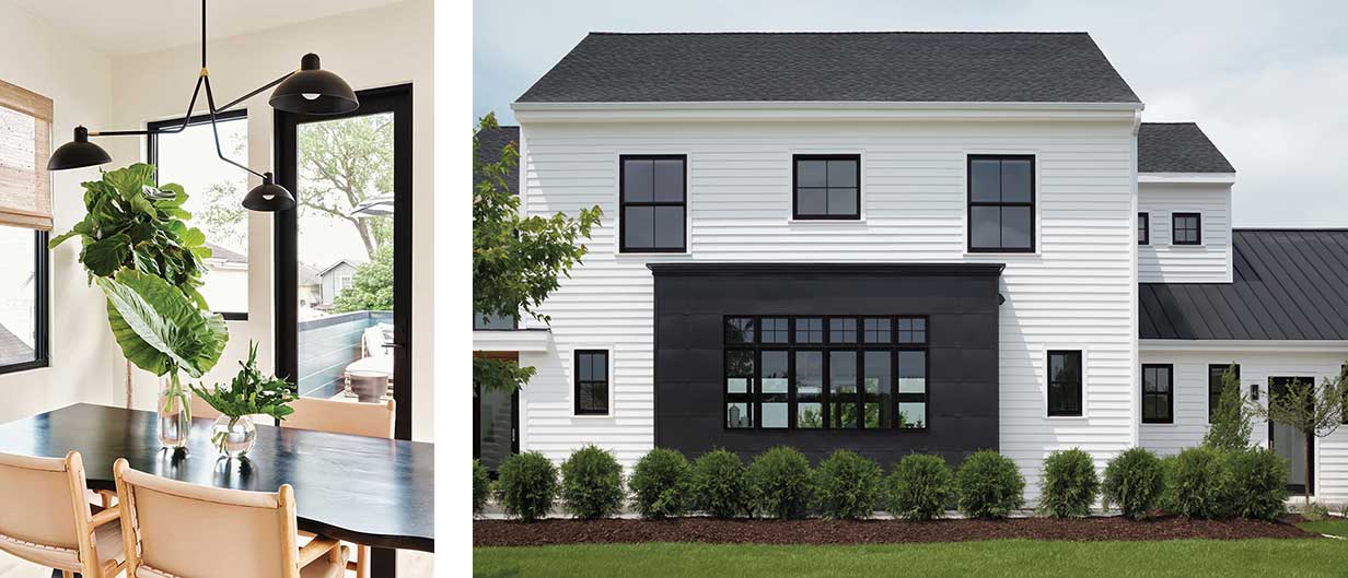 Marvin Ultimate Inswing French door and Marvin Essential Casement windows with ebony black interiors. Traditional home with Marvin Ultimate Direct Glaze windows and Marvin Ultimate Double Hung windows in ebony exterior and Marvin Ultimate Inswing French doors in ebony exterior.