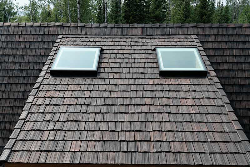 Two Marvin Awaken Skylights on the roof of The Minne Stuga cabin in Grand Marais, MN.
