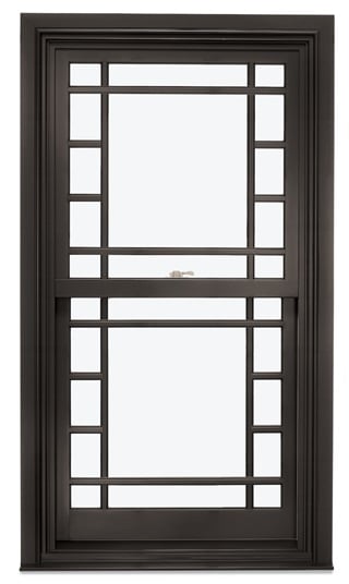 Marvin Ultimate double-hung window in bronze with a narrow divided light pattern around the perimeter of the sashes.