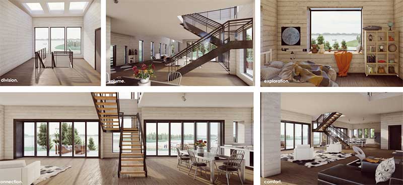 The interior spaces of a lake house rendering featuring Marvin windows and doors.