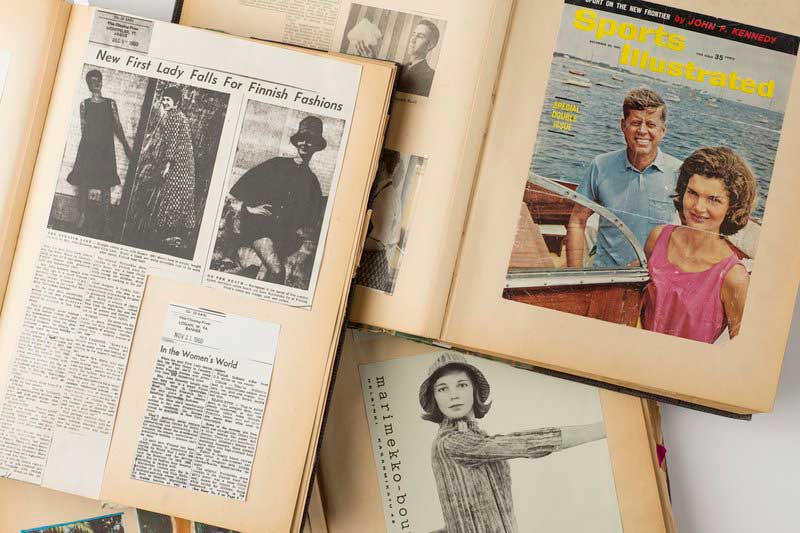 Newspaper clippings from the 1960s of First Lady Jaqueline Kennedy and her Marimekko fashion choices.