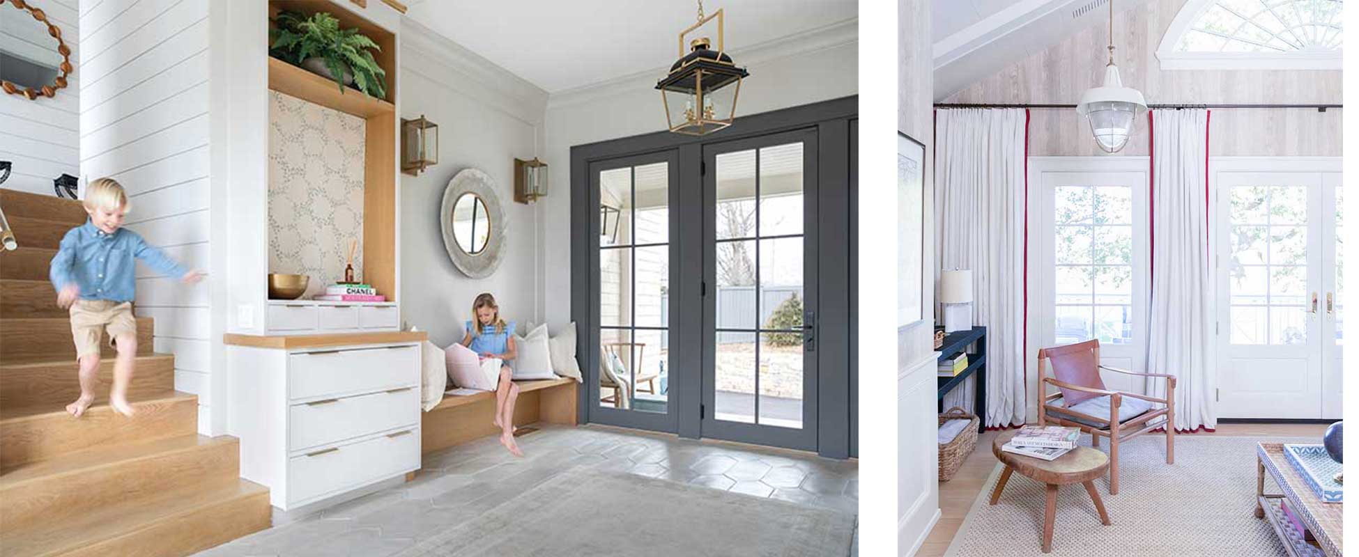 Two children in an entryway featuring a Marvin Elevate Inswing French Door in a coastal home and a living room featuring Marvin Ultimate Inswing French Door G2.