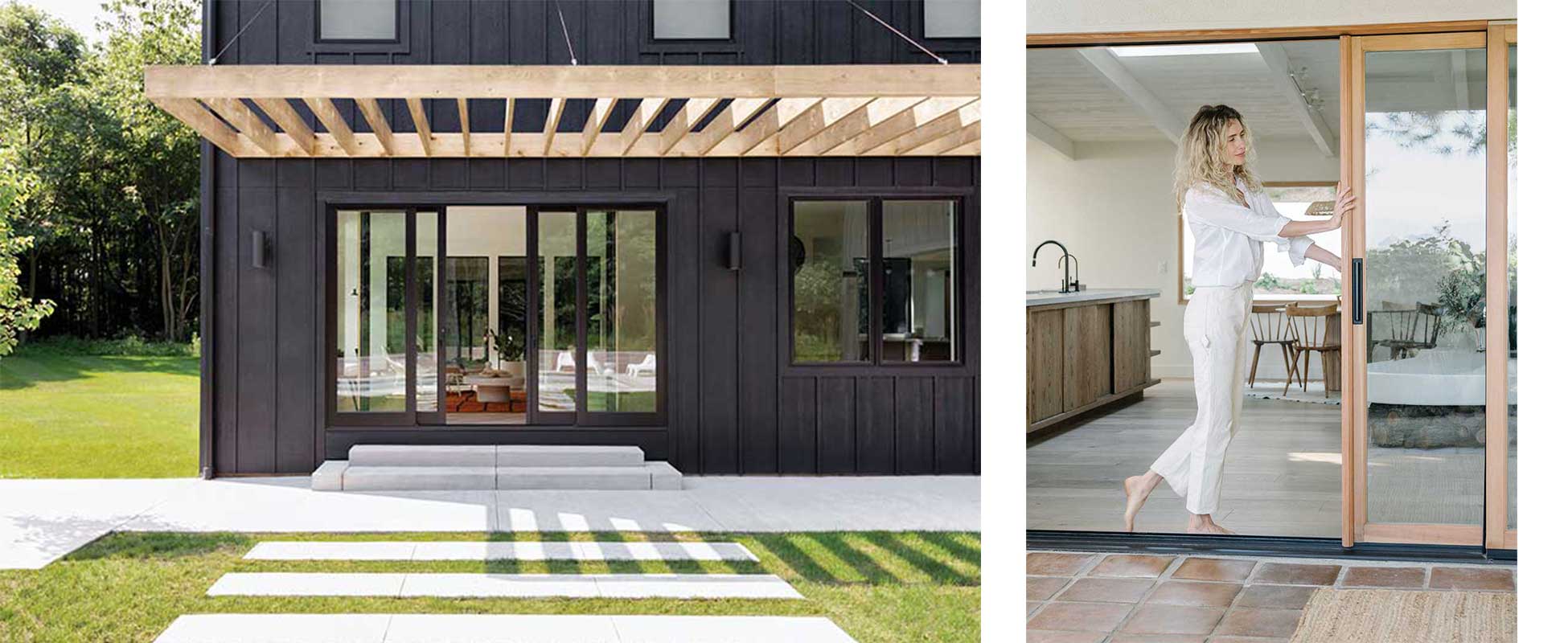 An exterior view of a modern farmhouse in Kalamazoo featuring a Marvin Elevate Sliding Patio Door that leads out to the pool and Amber LeStrange opening her Marvin Ultimate Wood Sliding Patio Door.