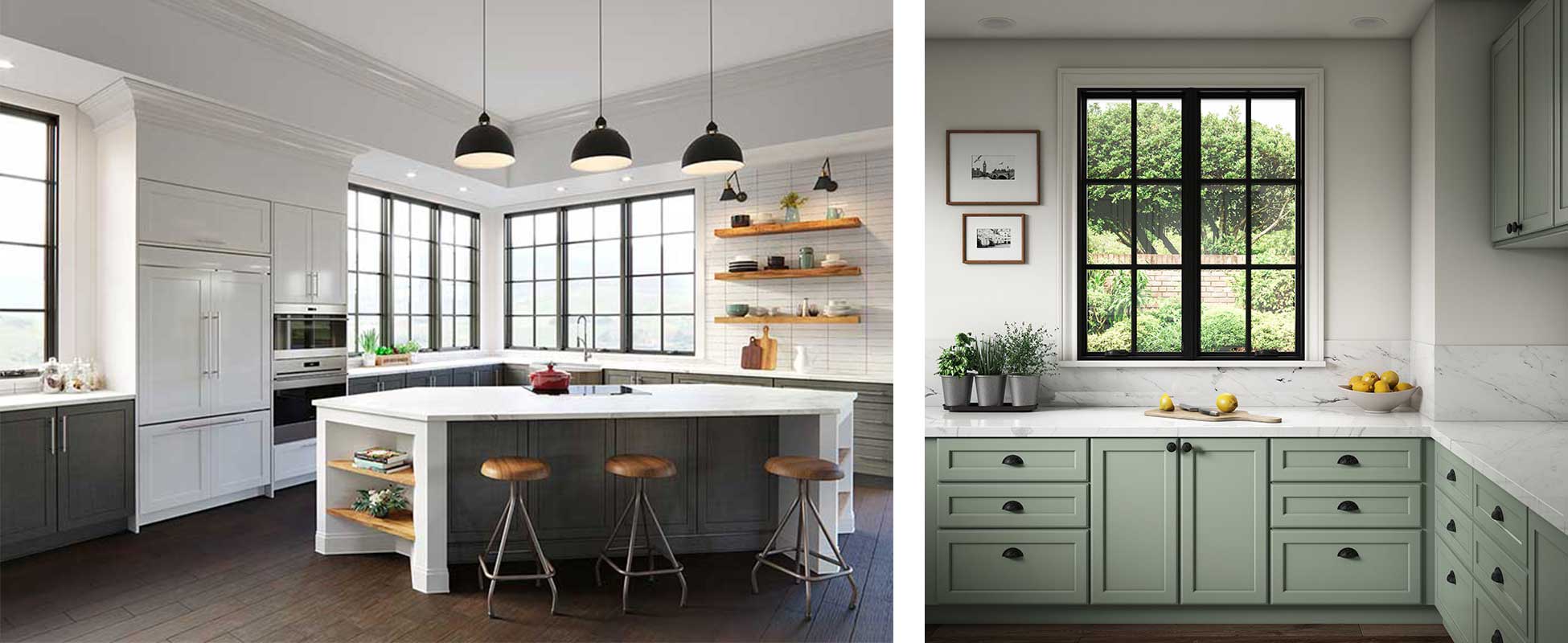 Marvin Elevate Casement windows in a contemporary kitchen and Marvin Elevate Casement windows with black interior in a kitchen