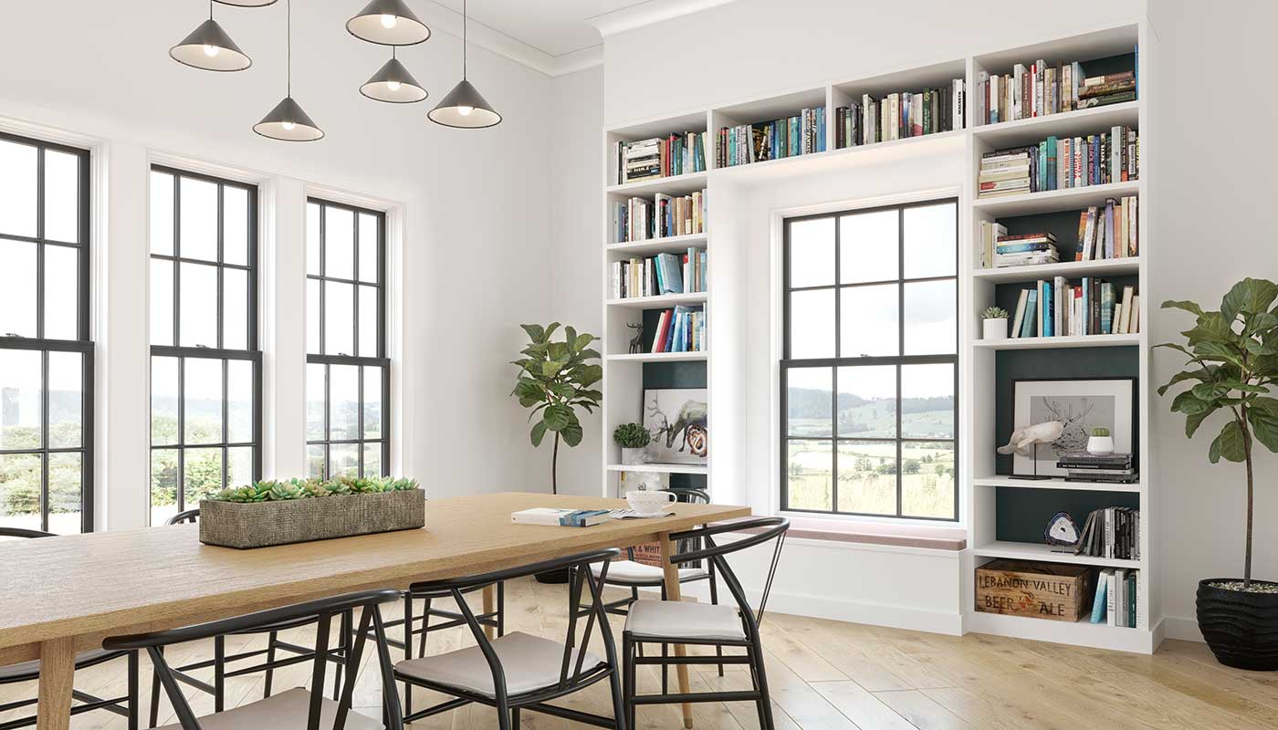 Marvin Elevate Double Hung windows in a dining room and library of a home