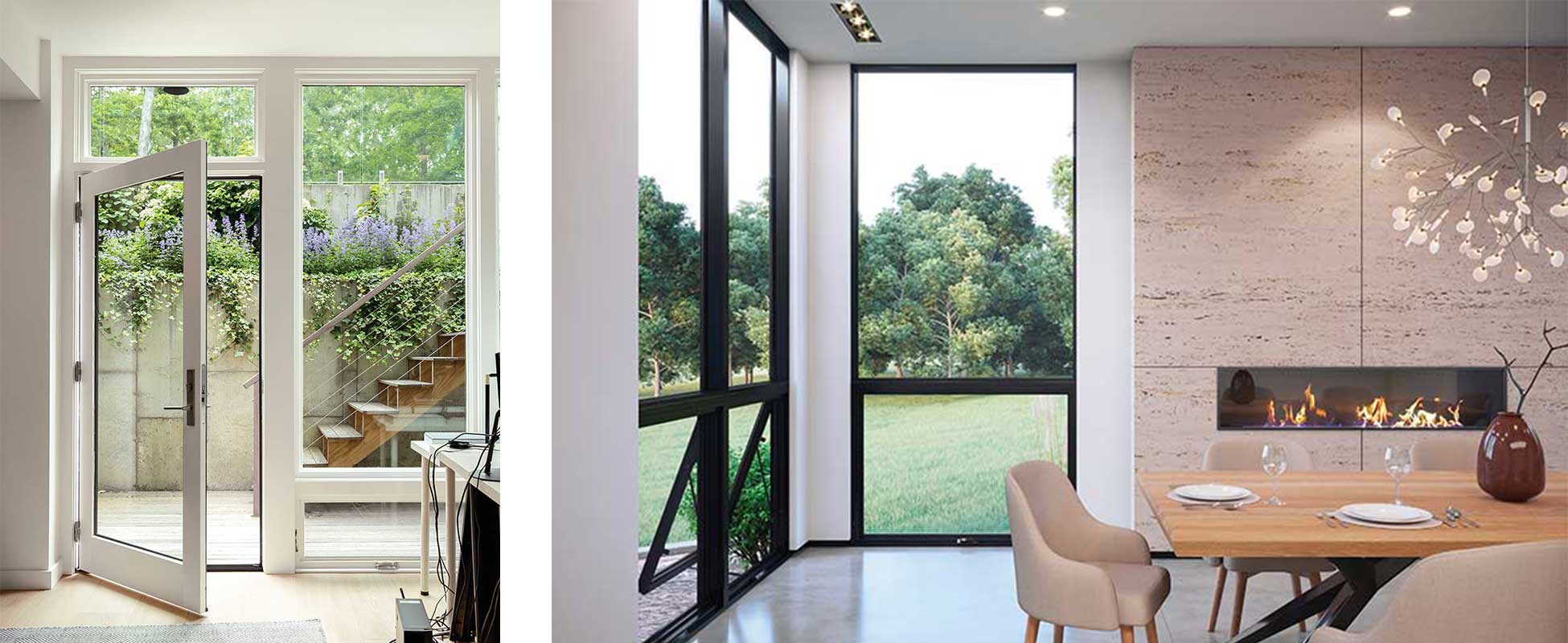 Marvin Modern Awning windows installed floor-level in a modern dining room and Marvin Ultimate Awning window above a swinging door in a contemporary home