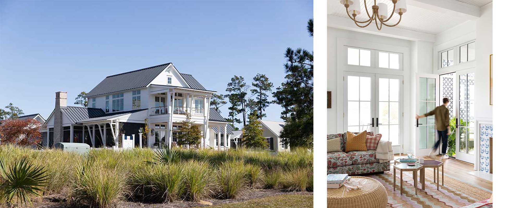 The 2022 Southern Living Idea House in North Carolina, featuring Marvin Ultimate and Elevate windows and doors and a woman through a Ultimate Inswing French door G2.