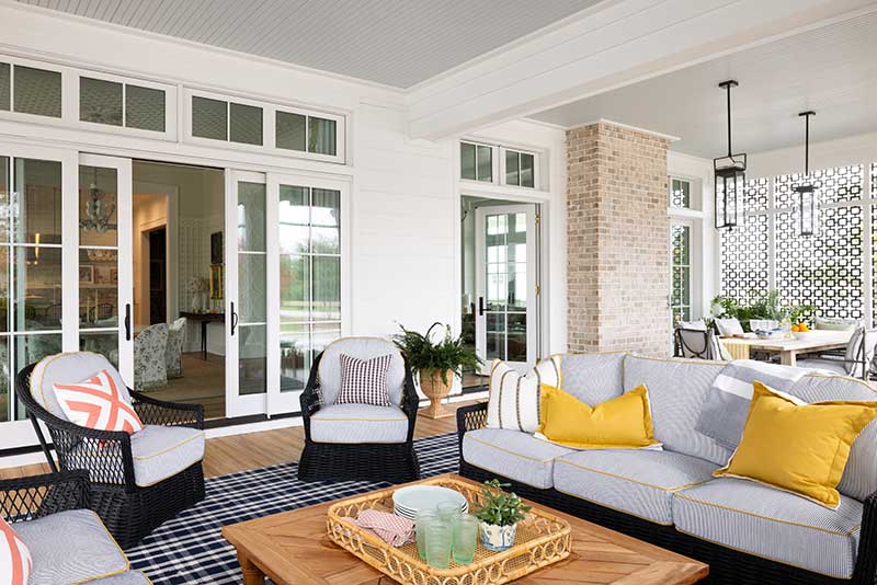 The porch of the Southern Living Idea House in North Carolina featuring Marvin windows, doors and Skycove.