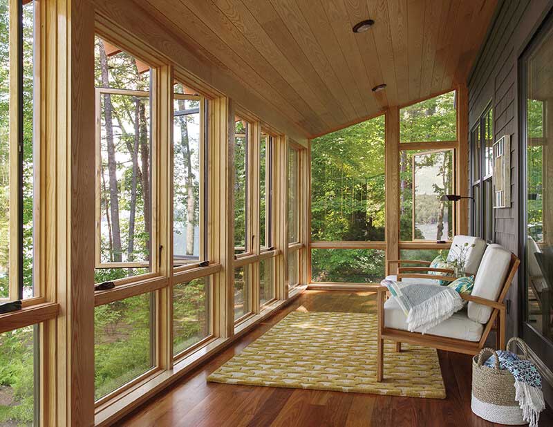 Porch featuring casement windows.