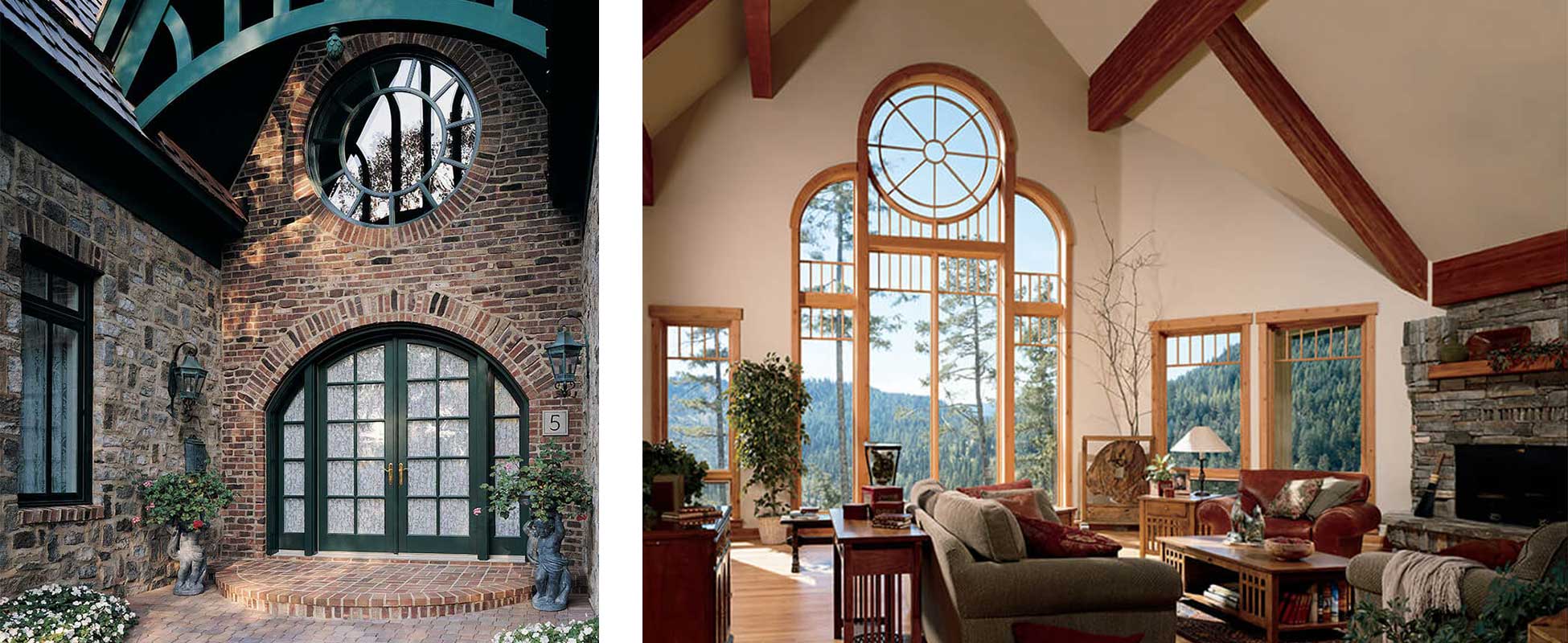 A close-up shot of a Marvin Arch Top French Door and A living room with custom shaped windows with a nature view.