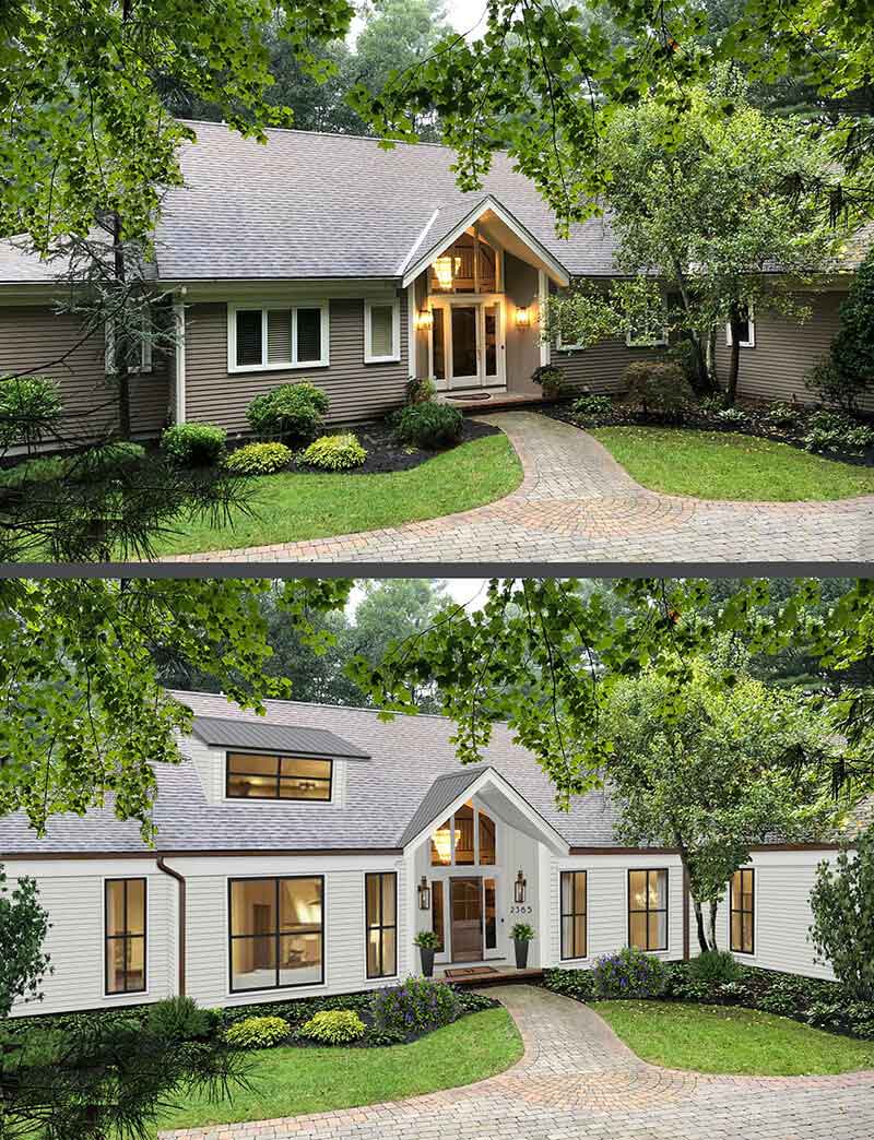 Before and after images of brick&batten home project featuring new windows and exterior color.