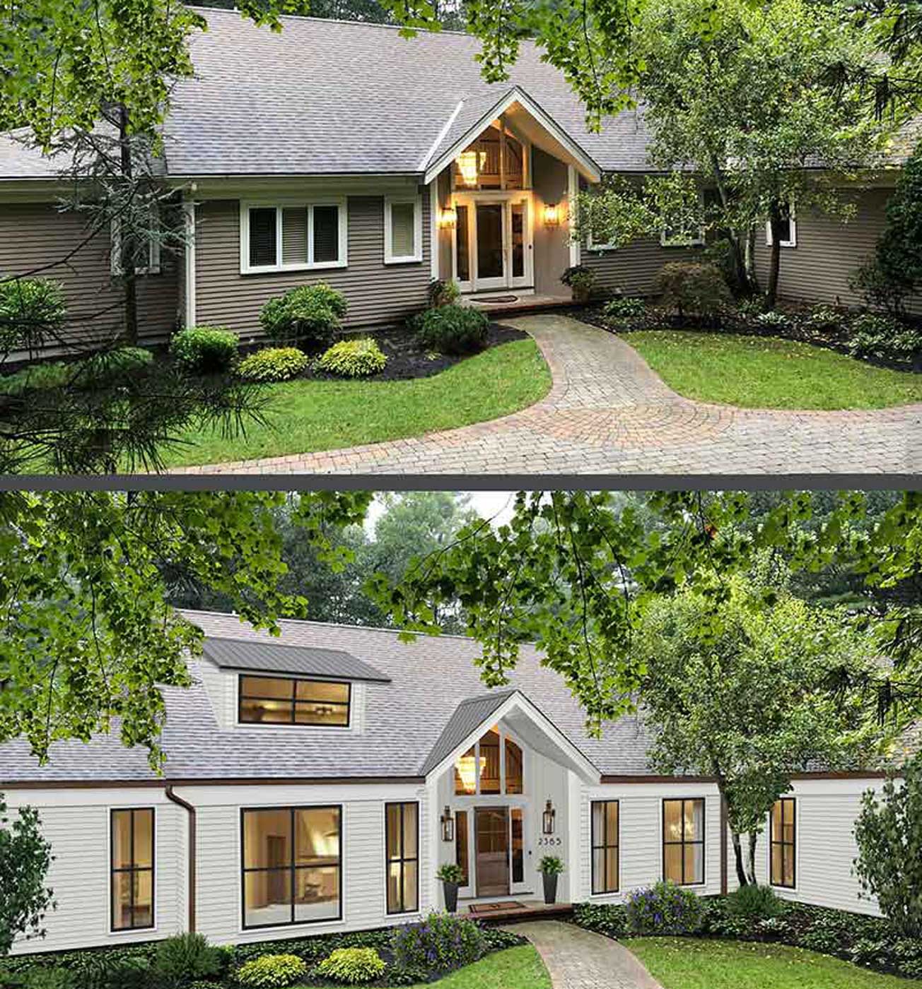 Before and after images of brick&batten home project featuring new windows and exterior color.