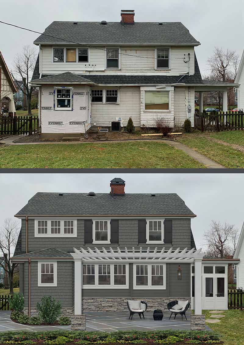 Before and after images of brick&batten home project featuring new windows and exterior features to the rear of the home.