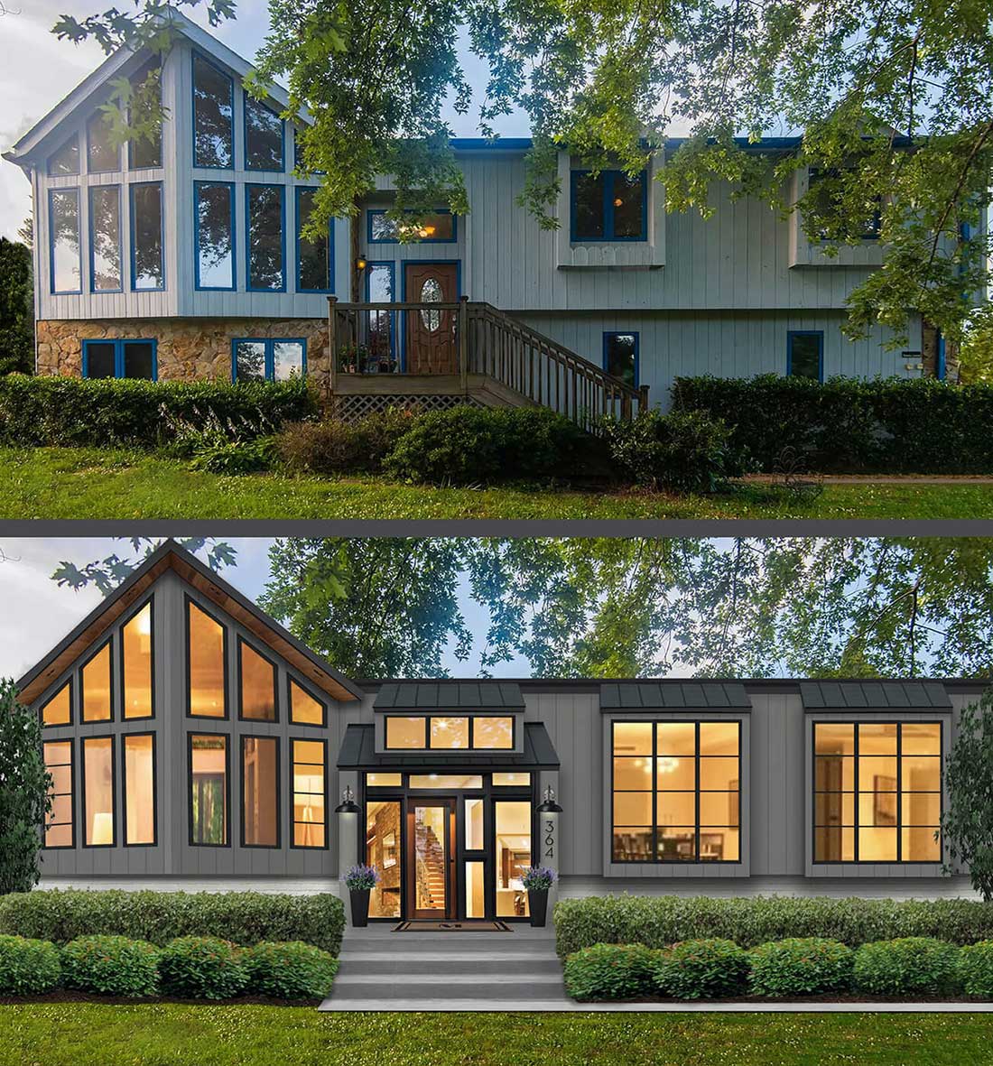 Before and after images of brick&batten home project including new windows and exterior features.