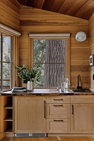 The kitchen inside Ananda Treehouse, an ADA accessible treehouse just outside of Seattle, featuring Marvin windows.
