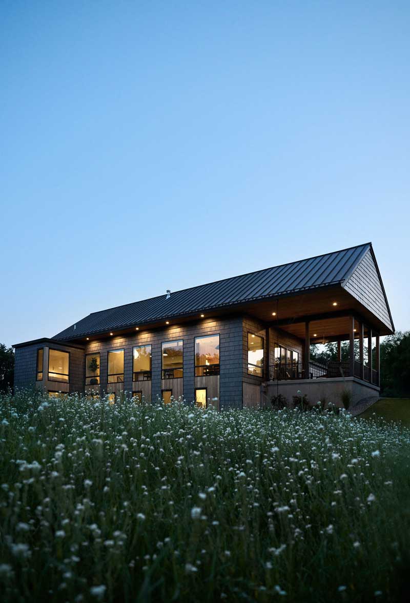 The exterior of a modern home, featuring Marvin Essential windows, at dusk in a field of white flowers.