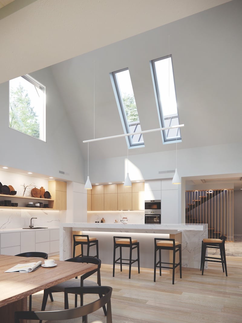Modern kitchen featuring Marvin Awaken Skylights.