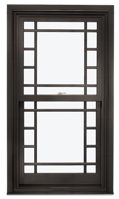 Marvin Ultimate double-hung window in bronze with a narrow divided light pattern around the perimeter of the sashes.