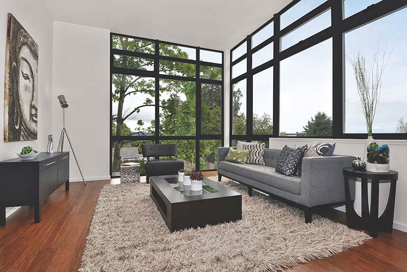 Living room with large Marvin Windows