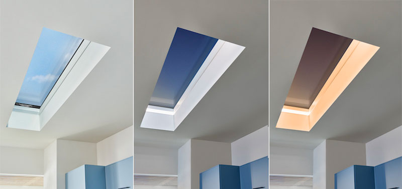 An image showing the lighting progression of a Marvin Awaken Skylight.