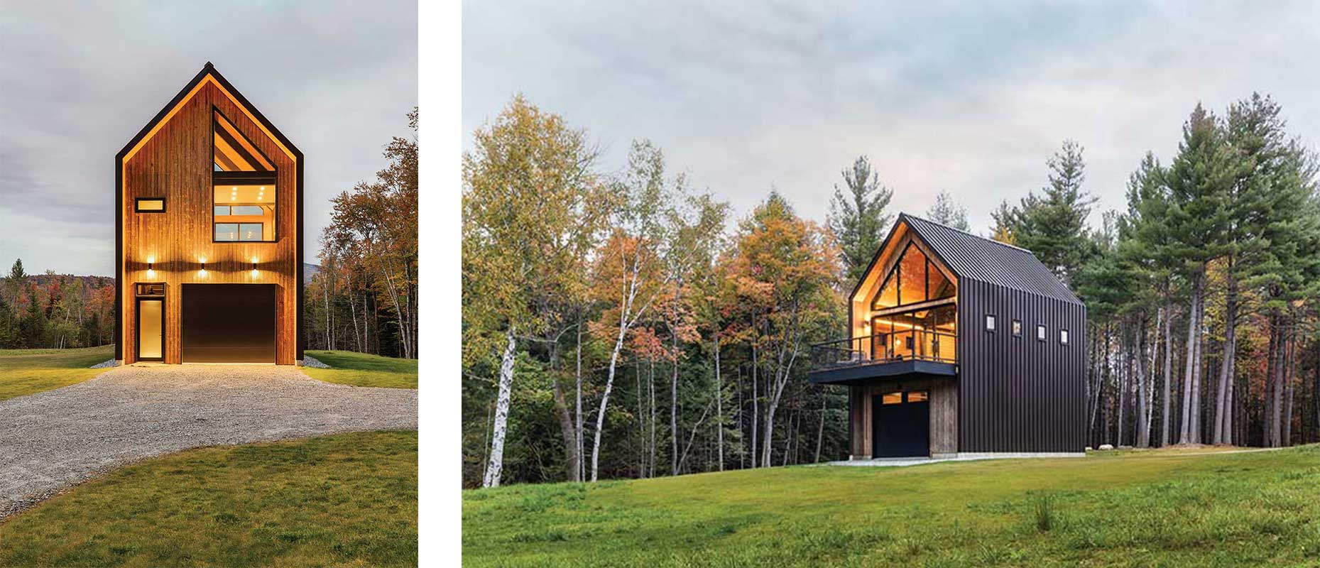The front of a Modern barn-style guest house in Vermont with views of the mountains through Marvin Essential Awning windows and Marvin Modern Direct Glaze windows. 
