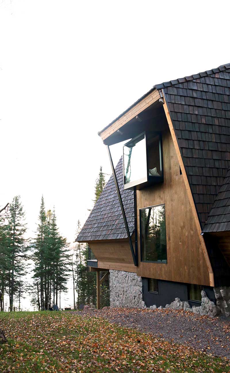 An exterior photo of Marvin Skycove installed in the second story of The Minne Stuga cabin in Northern Minnesota.