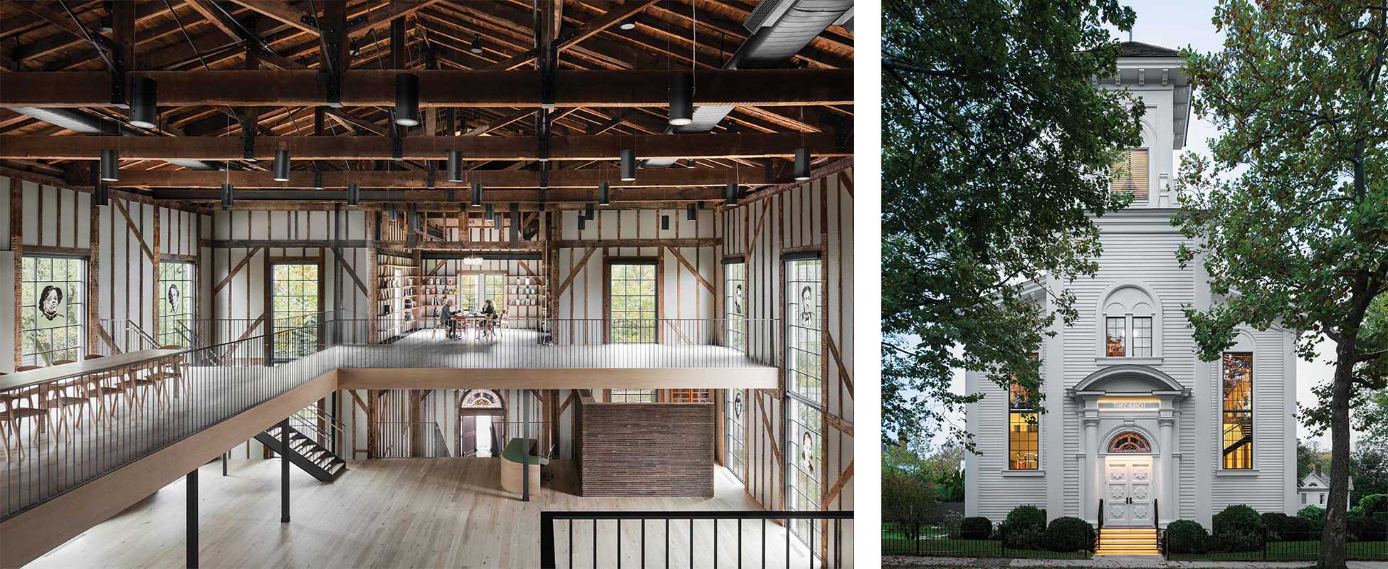 Exterior and Interior of The Church in Sag Harbor, an adaptive reuse project, featuring Marvin windows, given new life as a center for the arts.