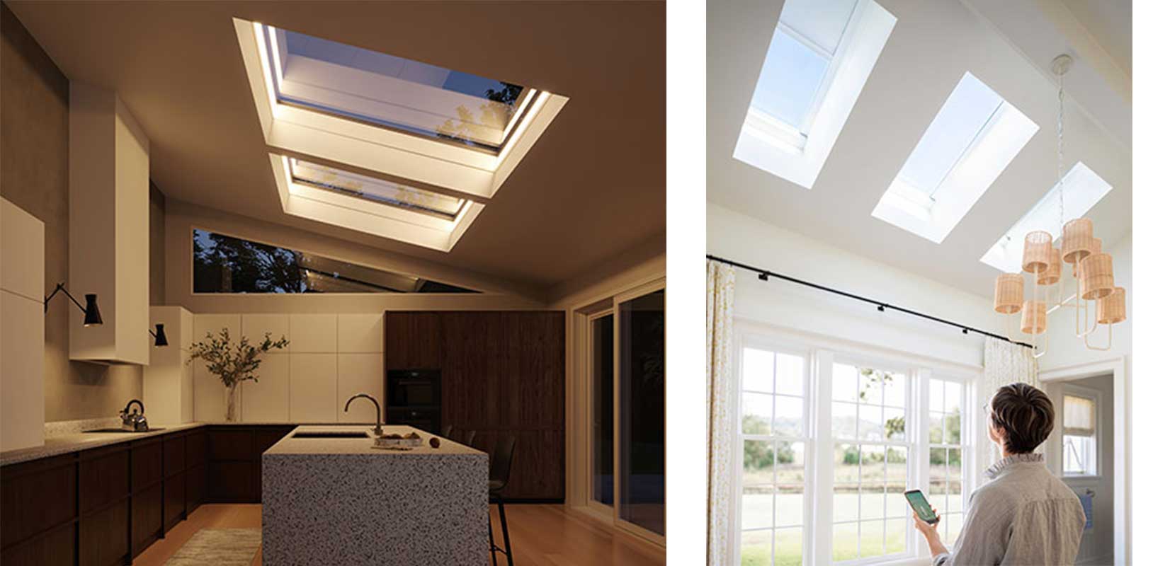Two Marvin Awaken Skylights illuminated over a modern kitchen island at night, and a woman operating Marvin Awaken Skylights from her phone in the Southern Living Idea House.