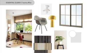Mood board featuring the Marvin Essential Glider window and complementary objects, colors, and textures for the space.