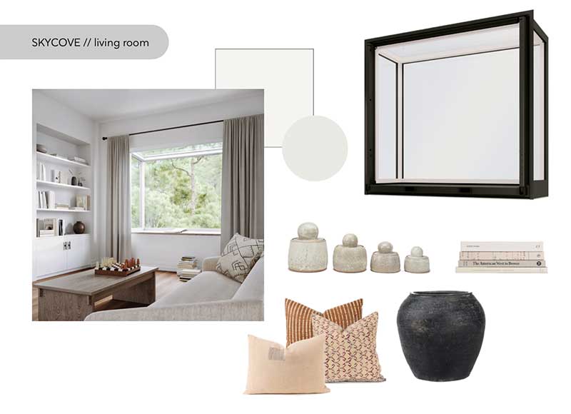 Mood board with Marvin Skycove and complementary objects, patterns, and ideas for designing a living room