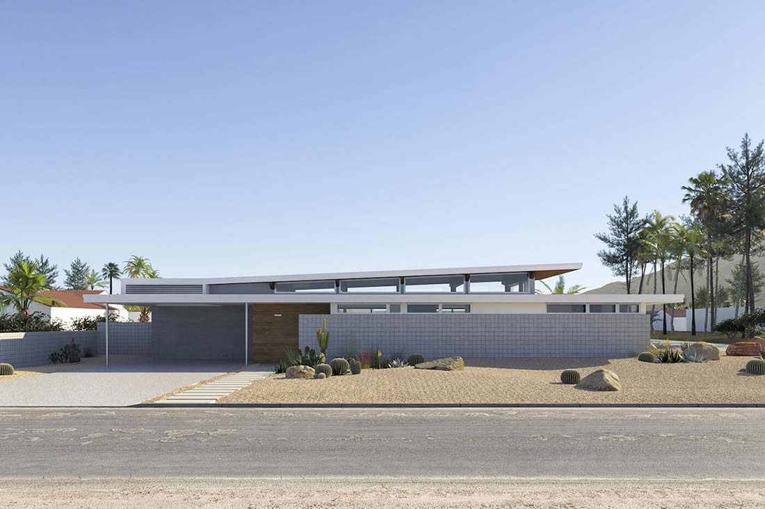 Rendering of exterior of desert house with multiple Marvin Windows