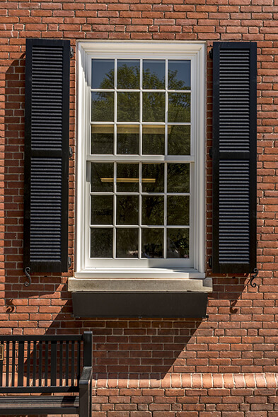 Close up exterior of Westboro Town Hall with Marvin Window