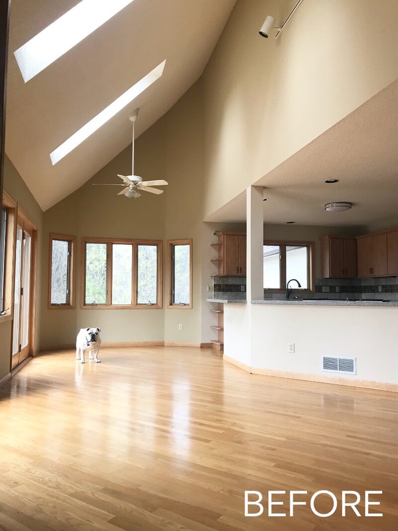 A before image of Katie Kurtz’s kitchen, featuring a cameo by the family bulldog.