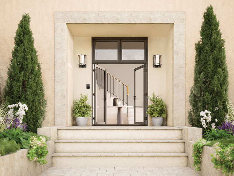 The exterior of a traditional entry way featuring a Marvin Ultimate Swinging Door.