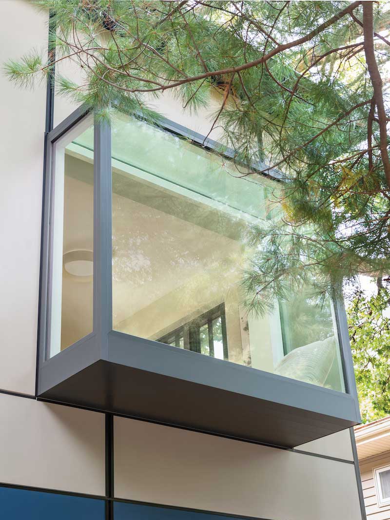 A Marvin Skycove amid white pine boughs in Minneapolis home 