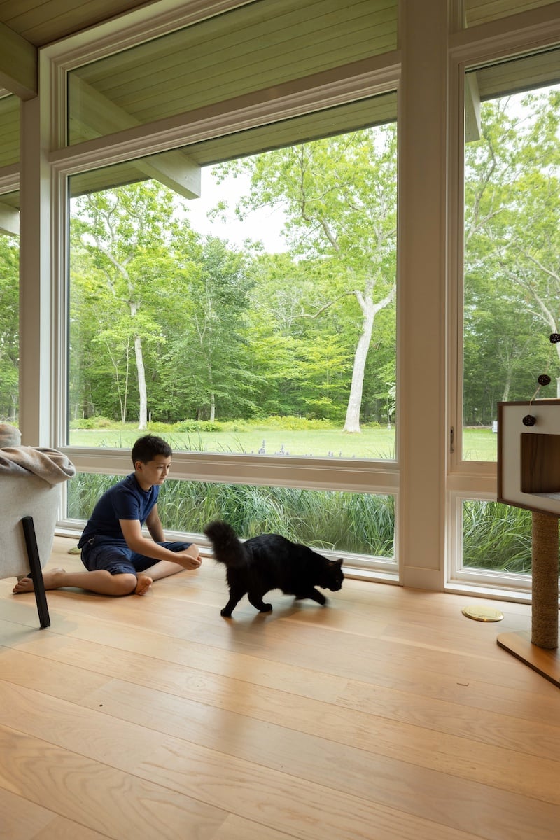 A child playing with a black cat in front of large Marvin Ultimate picture and casement windows.