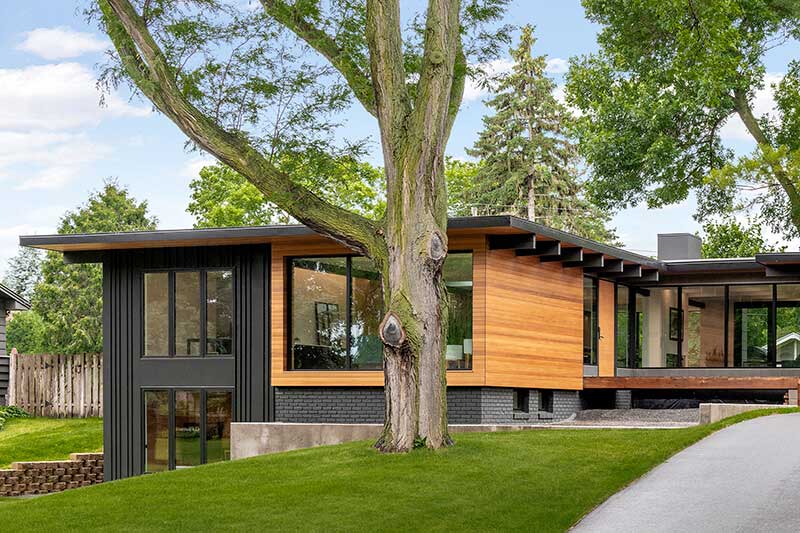 Exterior of an updated mid-century modern home in Golden Valley, Minnesota.