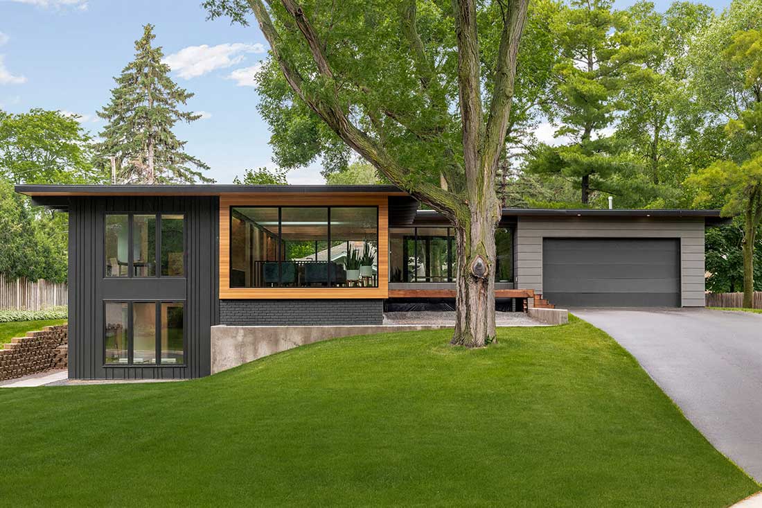 Exterior of an updated mid-century modern home in Golden Valley, Minnesota.