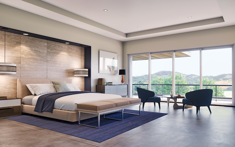 A modern, minimalist bedroom featuring a Marvin MultiSlide door.