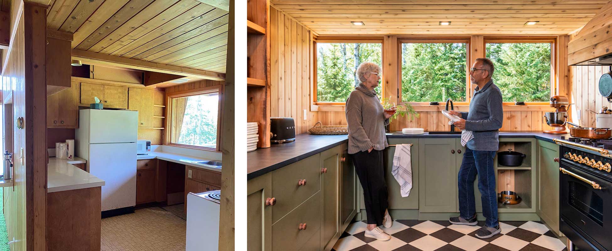 The kitchen before and after with an older couple standing in the kitchen of The Minne Stuga, in front of three Marvin Ultimate Awning windows.