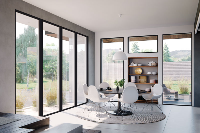 Interior Nook with Marvin Modern Direct Glaze Windows and Marvin Doors