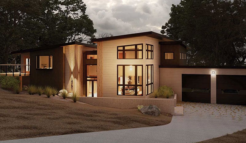 Rendering image of a modern lake home with Marvin windows and doors.