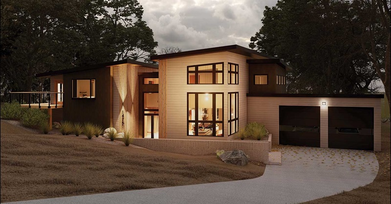 Rendering image of a modern lake home with Marvin windows and doors.