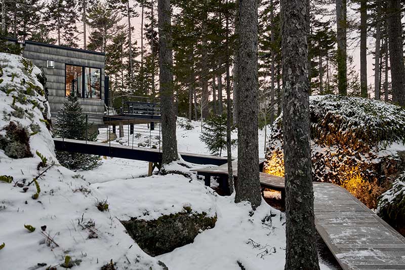 A boardwalk leading to a remote Maine cabin featuring Marvin Ultimate windows and doors.