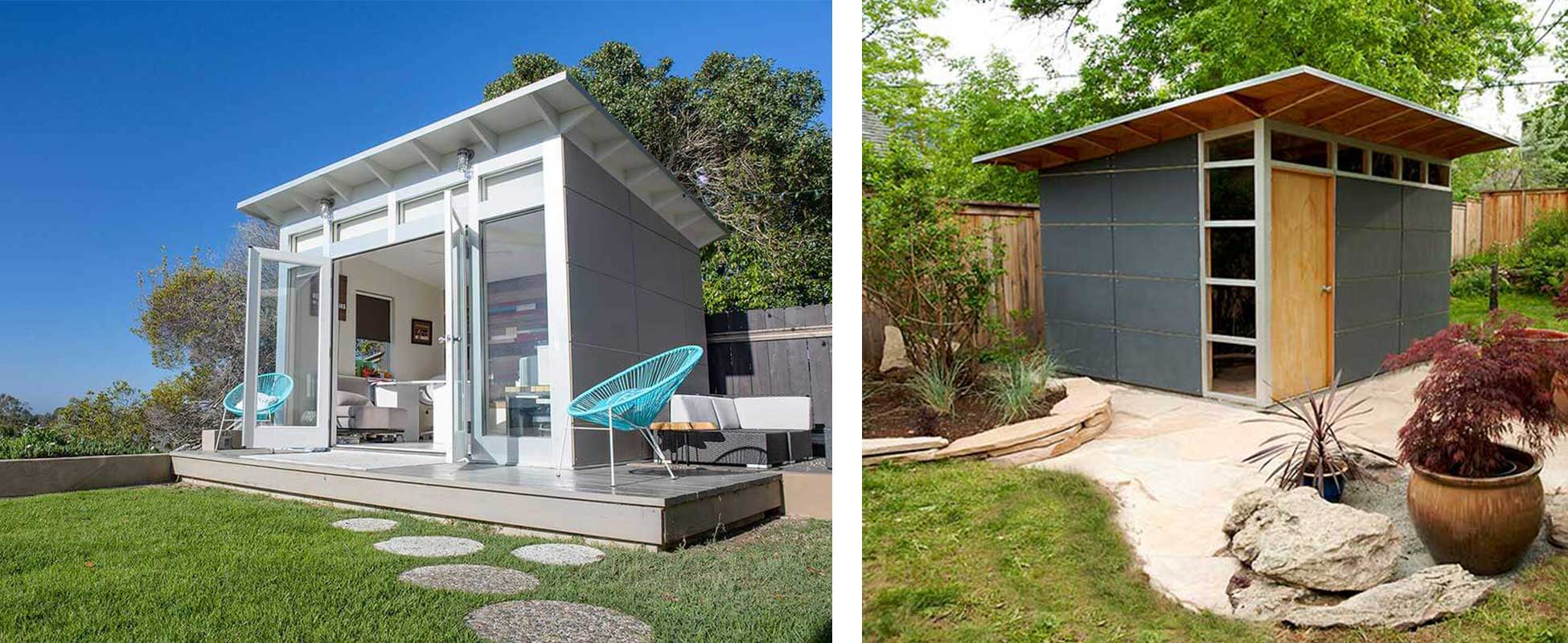 A modern, prefab Studio Shed complete with artwork, windows and furniture.