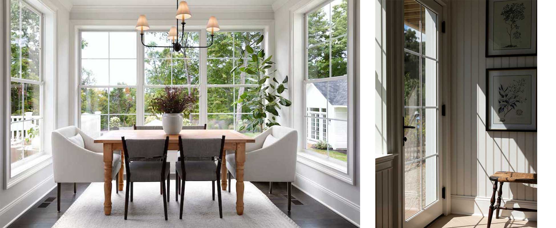 A dining room surrounded by Marvin Essential double hung windows on three sides with a hanging light, table, and chairs, and light coming in through a Marvin Elevate Inswing French door.