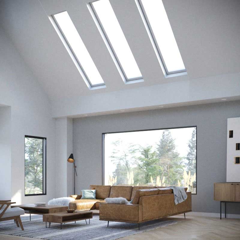A modern living room featuring Marvin Awaken Skylights and Marvin Skycove.