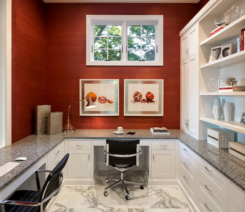 Home office with red accent wall and Marvin Windows