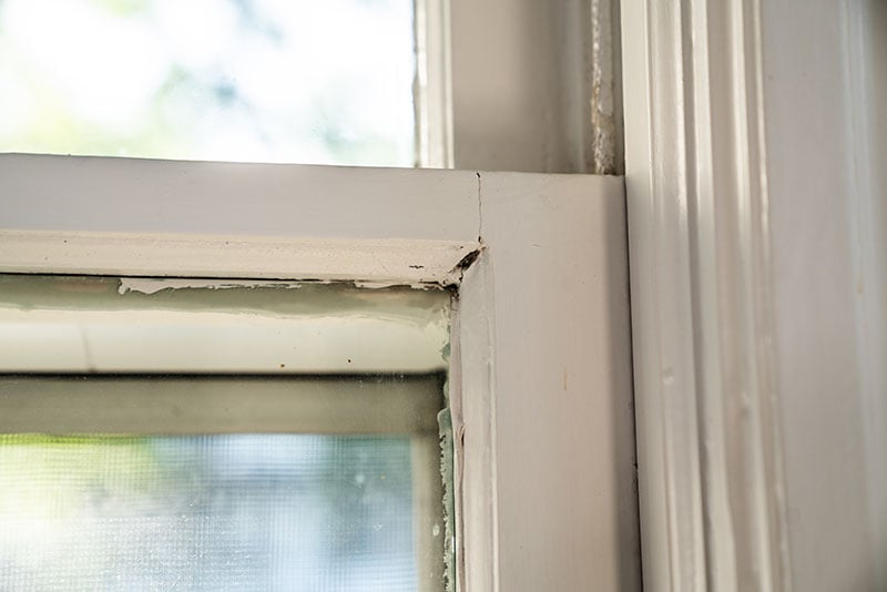 A close-up of the corner of a double hung window showing chipped paint and wear.