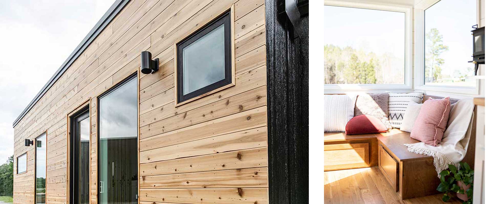 Exterior and Interior of a Wind River Tiny Home, featuring Marvin Essential windows.